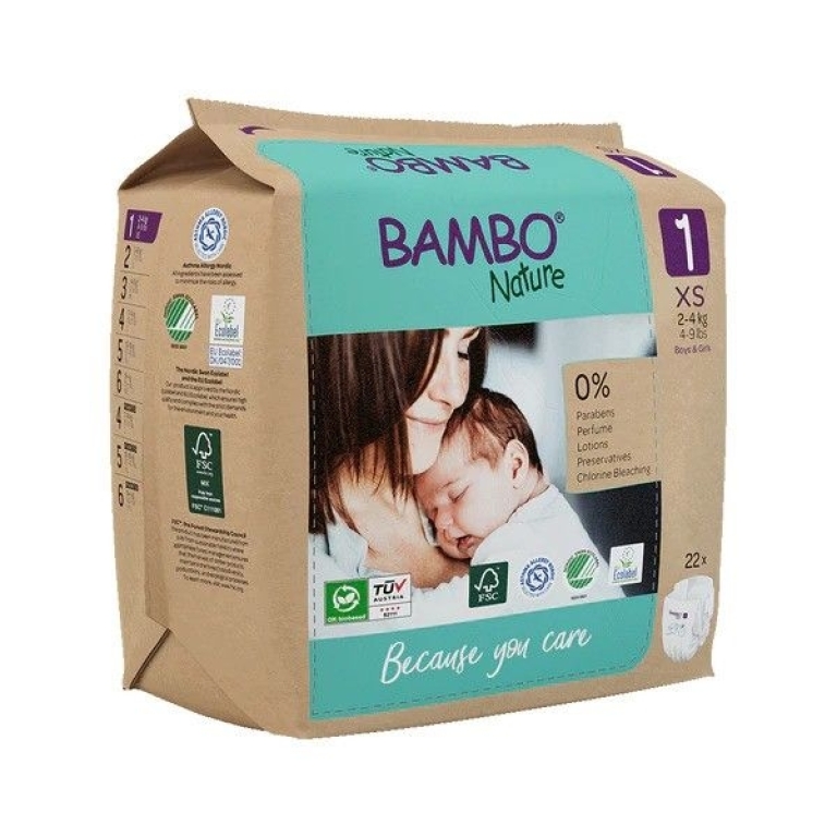 Bambo Nature Baby Diapers Size 1 XS (2–4 kg) – 22 pcs Tape Style | Eco-Friendly, Soft & Sensitive Skin Safe Diapers