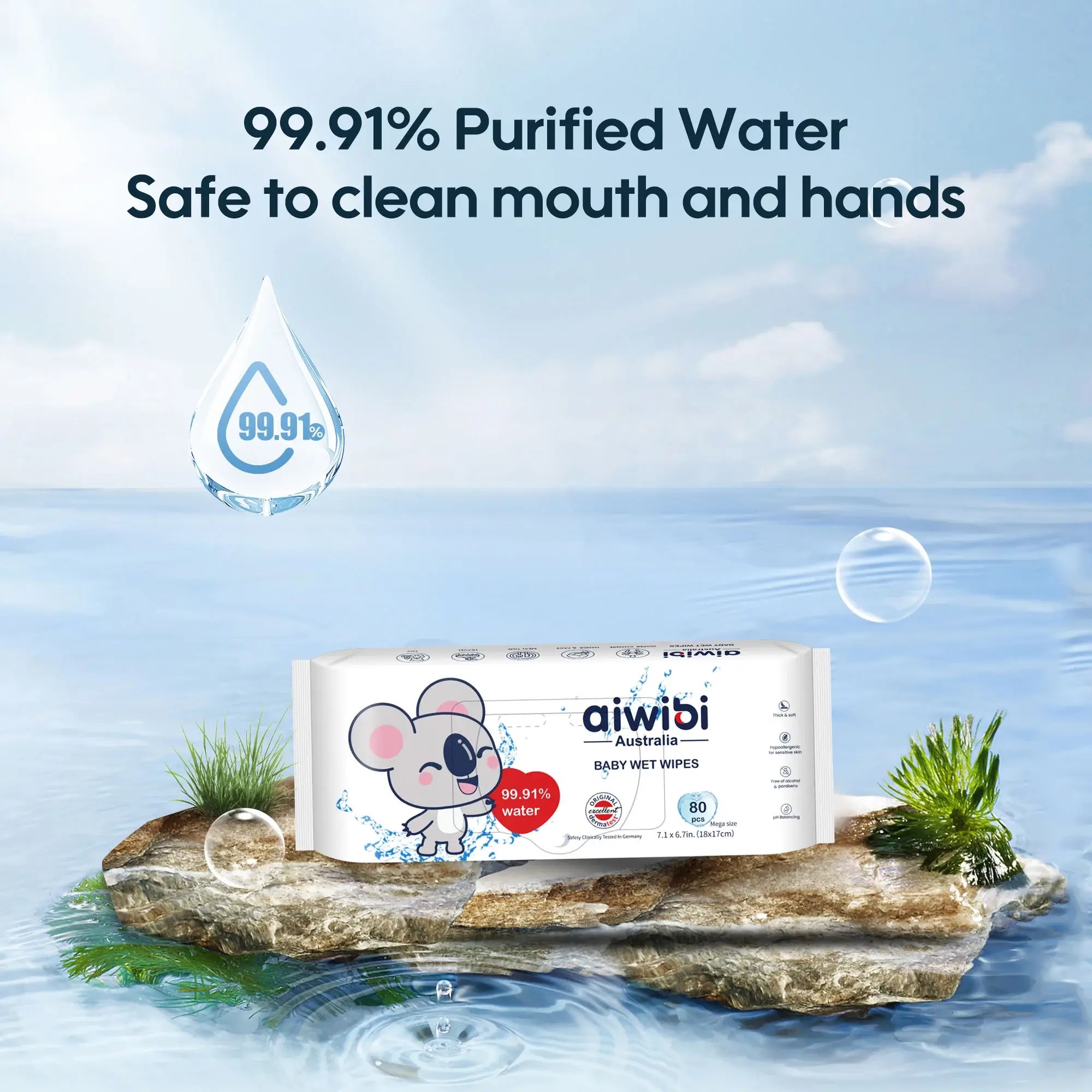Aiwibi Australia 99.91% Pure Water D-Panthenol Wipes 80pcs (Pack Of 3)