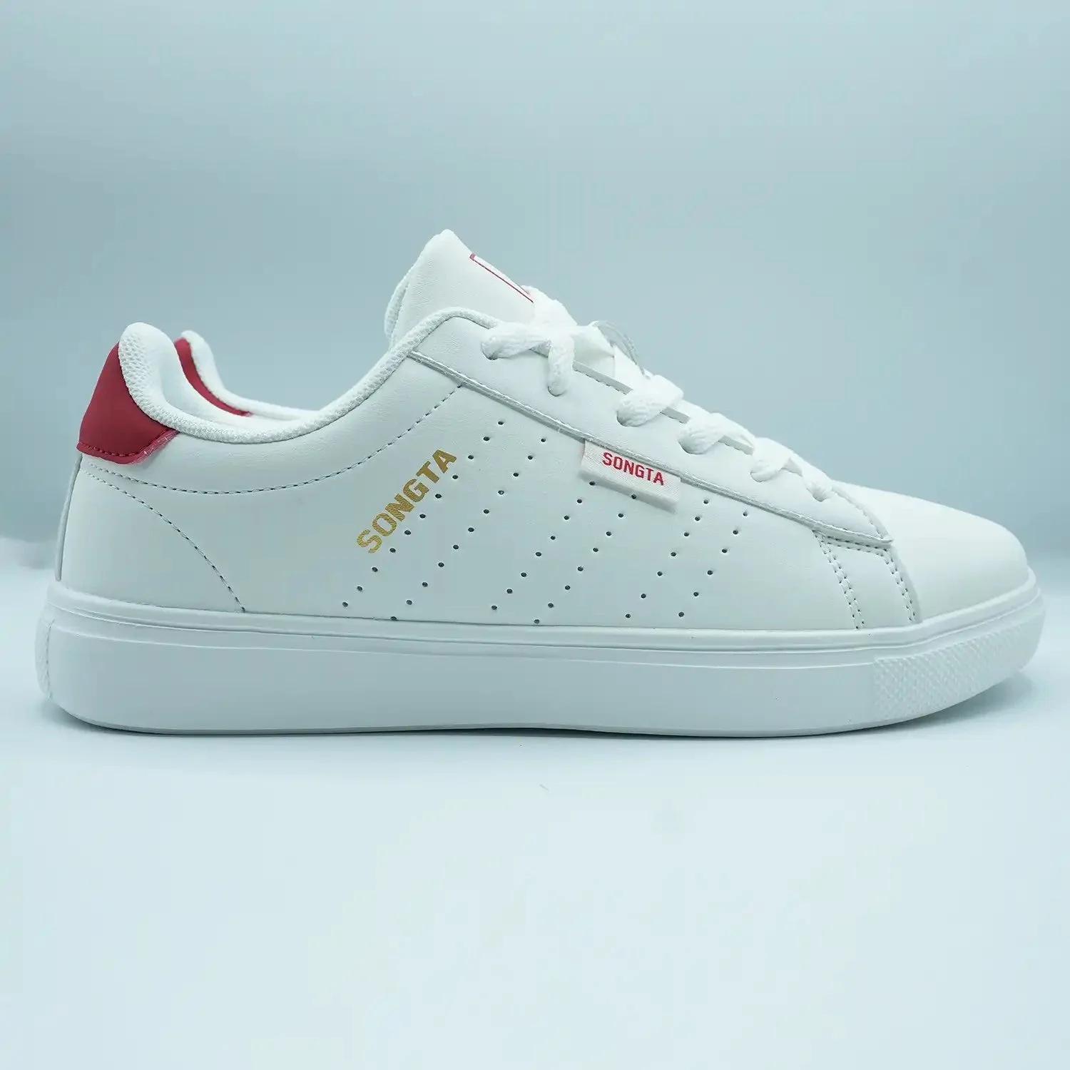 Unisex White Low-Top Sneakers with Red and Black Detail GS81